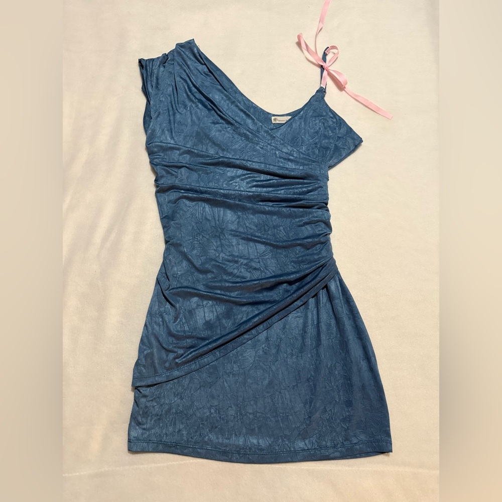 Ocean blue one shoulder overlay with pink ribbon bodycon mini dress